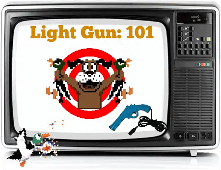 Classic CRT TV screen showing the Duck Hunt dog with the words ‘Light Gun 101’—illustrating why NES Zapper games like Duck Hunt only work on older tube televisions.