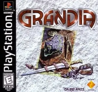 Grandia PlayStation cover art showing Justin and friends standing in a heroic pose with fantasy backdrop.