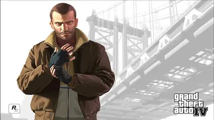 Niko Bellic holding a pistol on a rainy Liberty City street, showing the moral complexity of survival in Grand Theft Auto IV