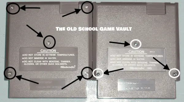 Side-by-side comparison of NES cartridges showing a 5-screw cartridge (with flathead screws in all four corners and center) next to a 3-screw cartridge (with Gamebit security screws at the bottom corners and center, plus molded plastic tabs at the top).