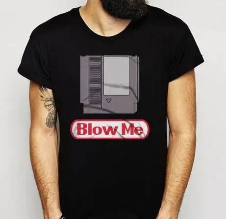 Funny retro gaming T-shirt with an NES cartridge and the phrase 'Blow Me,' referencing the classic NES cartridge blowing myth.